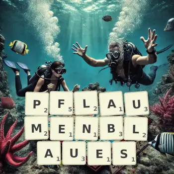 Kreative Illustration für ein Scrabble-Spiel, bei dem das Wort PFLAUMENBLAUES mit Steinen auf dem Brett gelegt wurde.