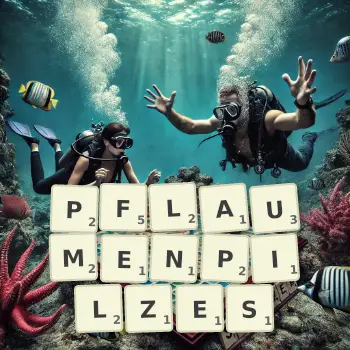 Kreative Illustration für ein Scrabble-Spiel, bei dem das Wort PFLAUMENPILZES mit Steinen auf dem Brett gelegt wurde.