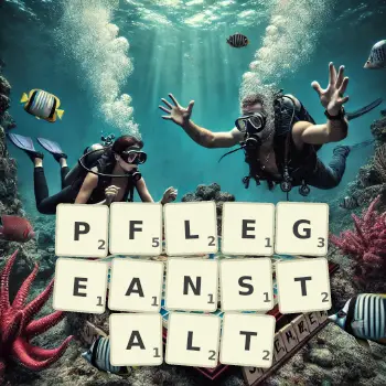 Kreative Illustration für ein Scrabble-Spiel, bei dem das Wort PFLEGEANSTALT mit Steinen auf dem Brett gelegt wurde.