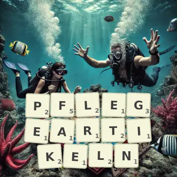 Kreative Illustration für ein Scrabble-Spiel, bei dem das Wort PFLEGEARTIKELN mit Steinen auf dem Brett gelegt wurde.