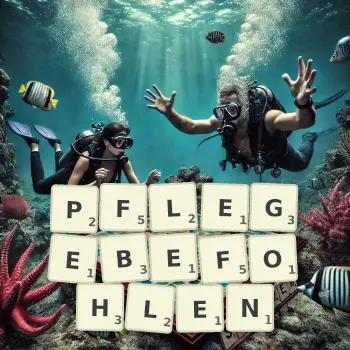 Kreative Illustration für ein Scrabble-Spiel, bei dem das Wort PFLEGEBEFOHLEN mit Steinen auf dem Brett gelegt wurde.