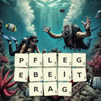 Kreative Illustration für ein Scrabble-Spiel, bei dem das Wort PFLEGEBEITRAG mit Steinen auf dem Brett gelegt wurde.