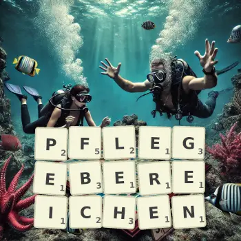 Kreative Illustration für ein Scrabble-Spiel, bei dem das Wort PFLEGEBEREICHEN mit Steinen auf dem Brett gelegt wurde.