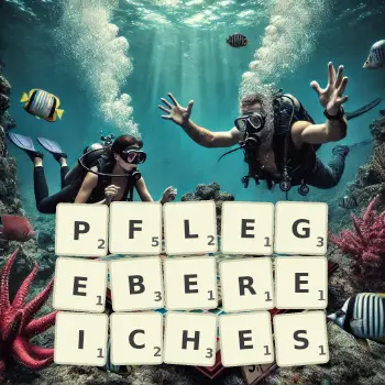 Kreative Illustration für ein Scrabble-Spiel, bei dem das Wort PFLEGEBEREICHES mit Steinen auf dem Brett gelegt wurde.