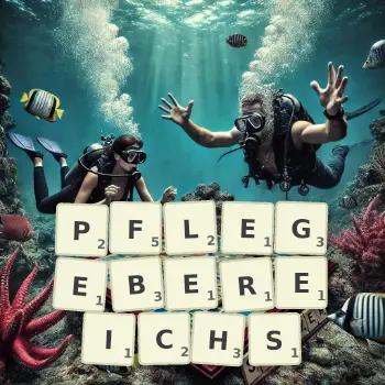 Kreative Illustration für ein Scrabble-Spiel, bei dem das Wort PFLEGEBEREICHS mit Steinen auf dem Brett gelegt wurde.
