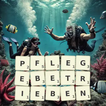 Kreative Illustration für ein Scrabble-Spiel, bei dem das Wort PFLEGEBETRIEBEN mit Steinen auf dem Brett gelegt wurde.
