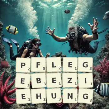 Kreative Illustration für ein Scrabble-Spiel, bei dem das Wort PFLEGEBEZIEHUNG mit Steinen auf dem Brett gelegt wurde.