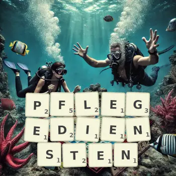 Kreative Illustration für ein Scrabble-Spiel, bei dem das Wort PFLEGEDIENSTEN mit Steinen auf dem Brett gelegt wurde.