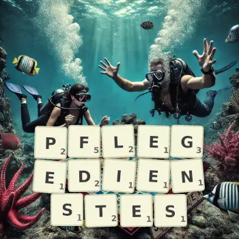 Kreative Illustration für ein Scrabble-Spiel, bei dem das Wort PFLEGEDIENSTES mit Steinen auf dem Brett gelegt wurde.