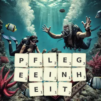 Kreative Illustration für ein Scrabble-Spiel, bei dem das Wort PFLEGEEINHEIT mit Steinen auf dem Brett gelegt wurde.