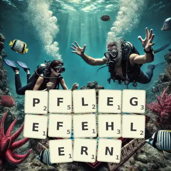 Kreative Illustration für ein Scrabble-Spiel, bei dem das Wort PFLEGEFEHLERN mit Steinen auf dem Brett gelegt wurde.