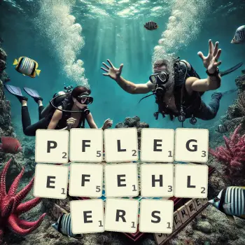 Kreative Illustration für ein Scrabble-Spiel, bei dem das Wort PFLEGEFEHLERS mit Steinen auf dem Brett gelegt wurde.
