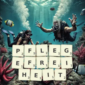 Kreative Illustration für ein Scrabble-Spiel, bei dem das Wort PFLEGEFREIHEIT mit Steinen auf dem Brett gelegt wurde.