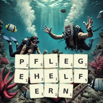 Kreative Illustration für ein Scrabble-Spiel, bei dem das Wort PFLEGEHELFERN mit Steinen auf dem Brett gelegt wurde.