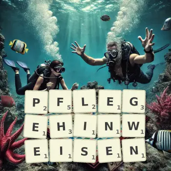 Kreative Illustration für ein Scrabble-Spiel, bei dem das Wort PFLEGEHINWEISEN mit Steinen auf dem Brett gelegt wurde.