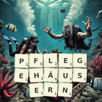 Kreative Illustration für ein Scrabble-Spiel, bei dem das Wort PFLEGEHÄUSERN mit Steinen auf dem Brett gelegt wurde.