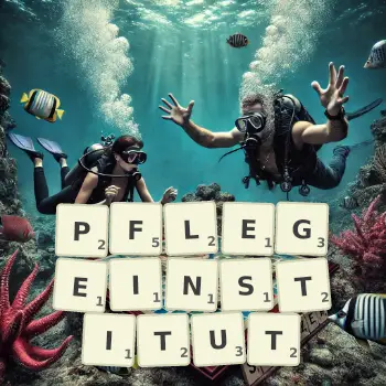 Kreative Illustration für ein Scrabble-Spiel, bei dem das Wort PFLEGEINSTITUT mit Steinen auf dem Brett gelegt wurde.