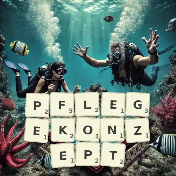 Kreative Illustration für ein Scrabble-Spiel, bei dem das Wort PFLEGEKONZEPT mit Steinen auf dem Brett gelegt wurde.