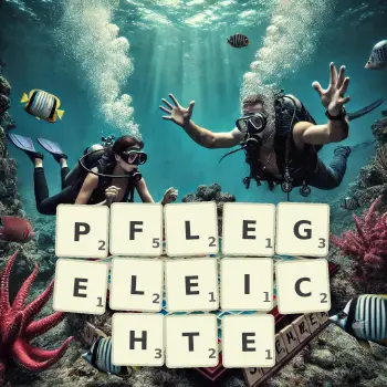 Kreative Illustration für ein Scrabble-Spiel, bei dem das Wort PFLEGELEICHTE mit Steinen auf dem Brett gelegt wurde.