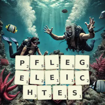 Kreative Illustration für ein Scrabble-Spiel, bei dem das Wort PFLEGELEICHTES mit Steinen auf dem Brett gelegt wurde.