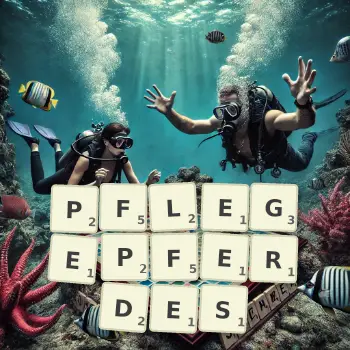 Kreative Illustration für ein Scrabble-Spiel, bei dem das Wort PFLEGEPFERDES mit Steinen auf dem Brett gelegt wurde.