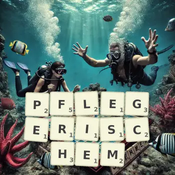 Kreative Illustration für ein Scrabble-Spiel, bei dem das Wort PFLEGERISCHEM mit Steinen auf dem Brett gelegt wurde.