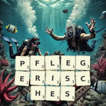 Kreative Illustration für ein Scrabble-Spiel, bei dem das Wort PFLEGERISCHES mit Steinen auf dem Brett gelegt wurde.