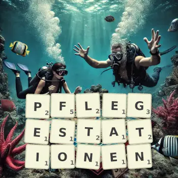 Kreative Illustration für ein Scrabble-Spiel, bei dem das Wort PFLEGESTATIONEN mit Steinen auf dem Brett gelegt wurde.
