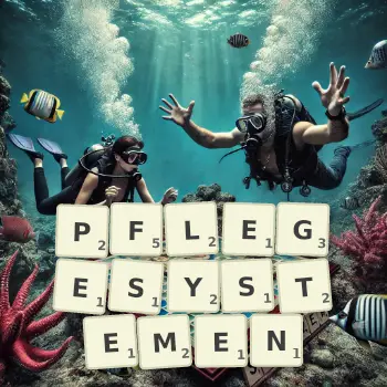 Kreative Illustration für ein Scrabble-Spiel, bei dem das Wort PFLEGESYSTEMEN mit Steinen auf dem Brett gelegt wurde.