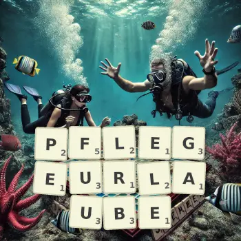 Kreative Illustration für ein Scrabble-Spiel, bei dem das Wort PFLEGEURLAUBE mit Steinen auf dem Brett gelegt wurde.