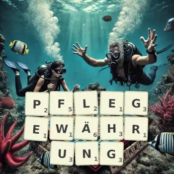 Kreative Illustration für ein Scrabble-Spiel, bei dem das Wort PFLEGEWÄHRUNG mit Steinen auf dem Brett gelegt wurde.