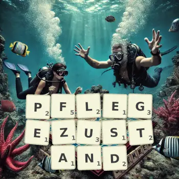 Kreative Illustration für ein Scrabble-Spiel, bei dem das Wort PFLEGEZUSTAND mit Steinen auf dem Brett gelegt wurde.