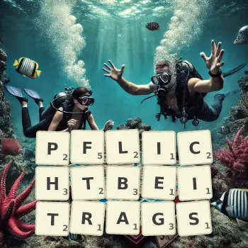 Kreative Illustration für ein Scrabble-Spiel, bei dem das Wort PFLICHTBEITRAGS mit Steinen auf dem Brett gelegt wurde.