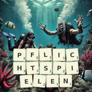 Kreative Illustration für ein Scrabble-Spiel, bei dem das Wort PFLICHTSPIELEN mit Steinen auf dem Brett gelegt wurde.