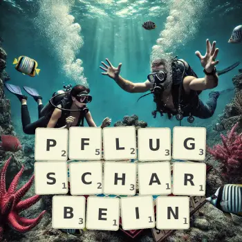 Kreative Illustration für ein Scrabble-Spiel, bei dem das Wort PFLUGSCHARBEIN mit Steinen auf dem Brett gelegt wurde.