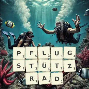 Kreative Illustration für ein Scrabble-Spiel, bei dem das Wort PFLUGSTÜTZRAD mit Steinen auf dem Brett gelegt wurde.