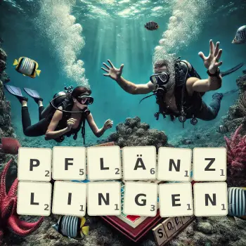 Kreative Illustration für ein Scrabble-Spiel, bei dem das Wort PFLÄNZLINGEN mit Steinen auf dem Brett gelegt wurde.