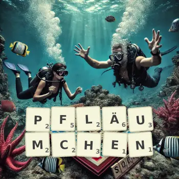 Kreative Illustration für ein Scrabble-Spiel, bei dem das Wort PFLÄUMCHEN mit Steinen auf dem Brett gelegt wurde.