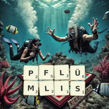 Kreative Illustration für ein Scrabble-Spiel, bei dem das Wort PFLÜMLIS mit Steinen auf dem Brett gelegt wurde.