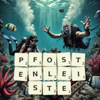 Kreative Illustration für ein Scrabble-Spiel, bei dem das Wort PFOSTENLEISTE mit Steinen auf dem Brett gelegt wurde.