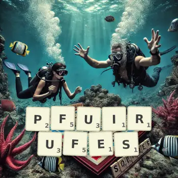 Kreative Illustration für ein Scrabble-Spiel, bei dem das Wort PFUIRUFES mit Steinen auf dem Brett gelegt wurde.