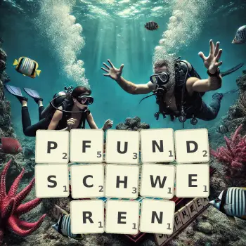 Kreative Illustration für ein Scrabble-Spiel, bei dem das Wort PFUNDSCHWEREN mit Steinen auf dem Brett gelegt wurde.