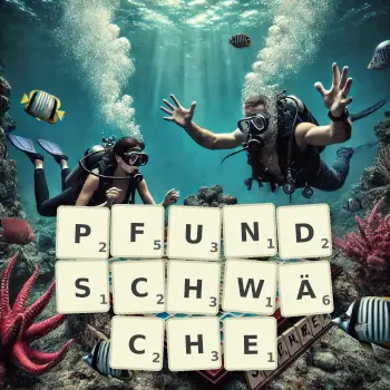 Kreative Illustration für ein Scrabble-Spiel, bei dem das Wort PFUNDSCHWÄCHE mit Steinen auf dem Brett gelegt wurde.