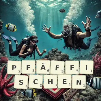 Kreative Illustration für ein Scrabble-Spiel, bei dem das Wort PFÄFFISCHEN mit Steinen auf dem Brett gelegt wurde.