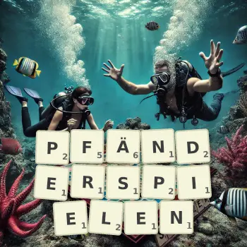 Kreative Illustration für ein Scrabble-Spiel, bei dem das Wort PFÄNDERSPIELEN mit Steinen auf dem Brett gelegt wurde.