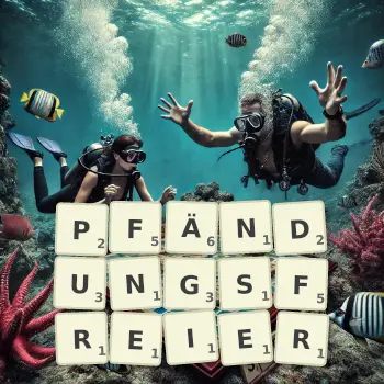 Kreative Illustration für ein Scrabble-Spiel, bei dem das Wort PFÄNDUNGSFREIER mit Steinen auf dem Brett gelegt wurde.