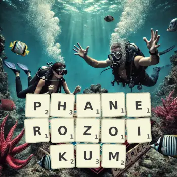 Kreative Illustration für ein Scrabble-Spiel, bei dem das Wort PHANEROZOIKUM mit Steinen auf dem Brett gelegt wurde.