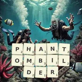 Kreative Illustration für ein Scrabble-Spiel, bei dem das Wort PHANTOMBILDER mit Steinen auf dem Brett gelegt wurde.