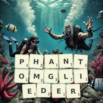 Kreative Illustration für ein Scrabble-Spiel, bei dem das Wort PHANTOMGLIEDER mit Steinen auf dem Brett gelegt wurde.