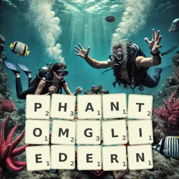 Kreative Illustration für ein Scrabble-Spiel, bei dem das Wort PHANTOMGLIEDERN mit Steinen auf dem Brett gelegt wurde.